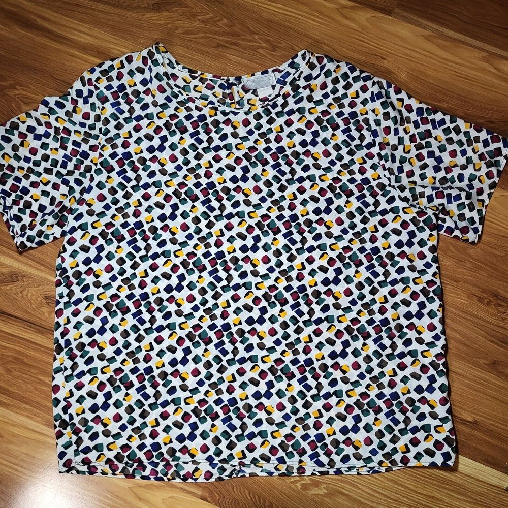 Vintage 80s Colorful Party Patterned‎ Blouse Womens Size 16 Shirt  Bright Polka